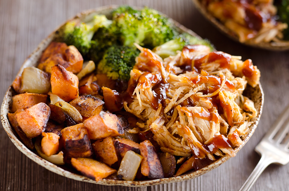 grilled chicken breast with charred sweet potato with a side of broccoli 