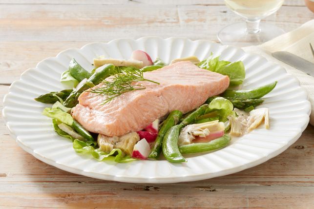 Steamed salmon with spring vegetables