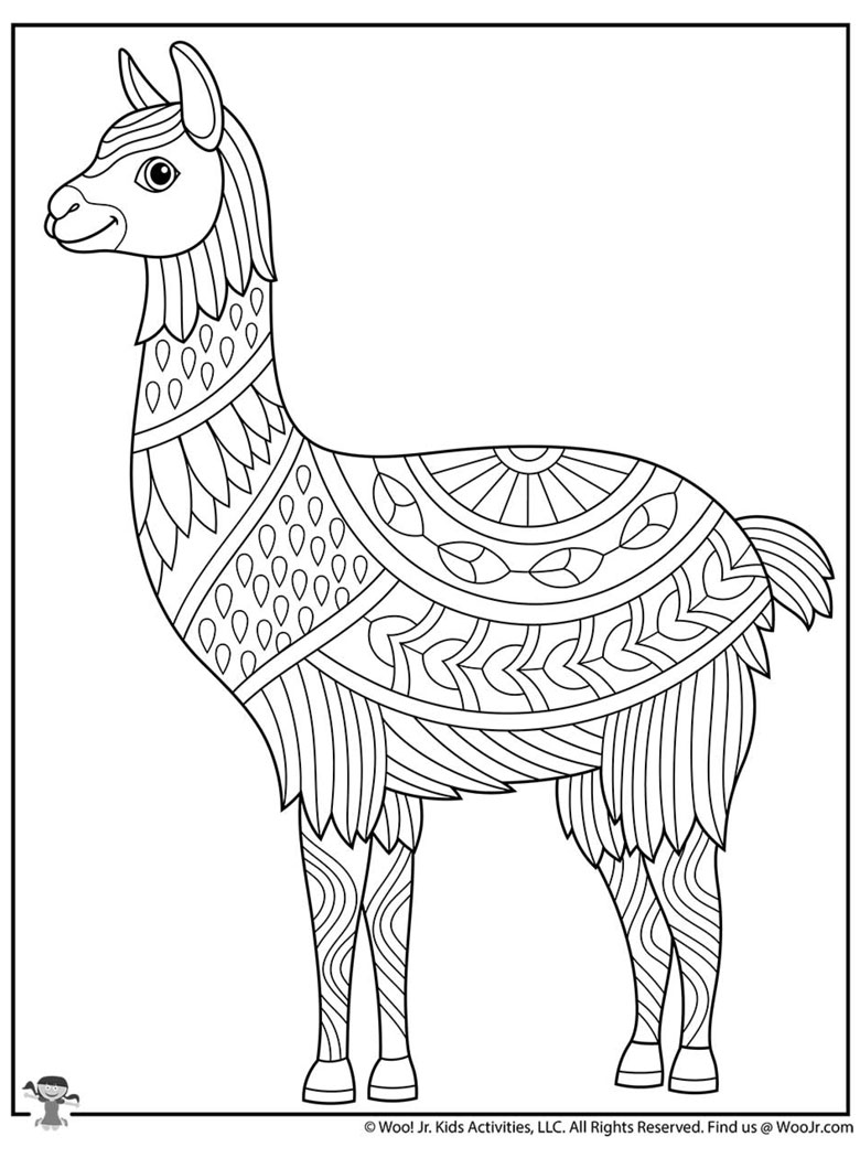 llama colouring in page adult free printable