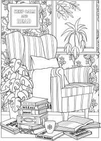 reading chair and books colouring in page