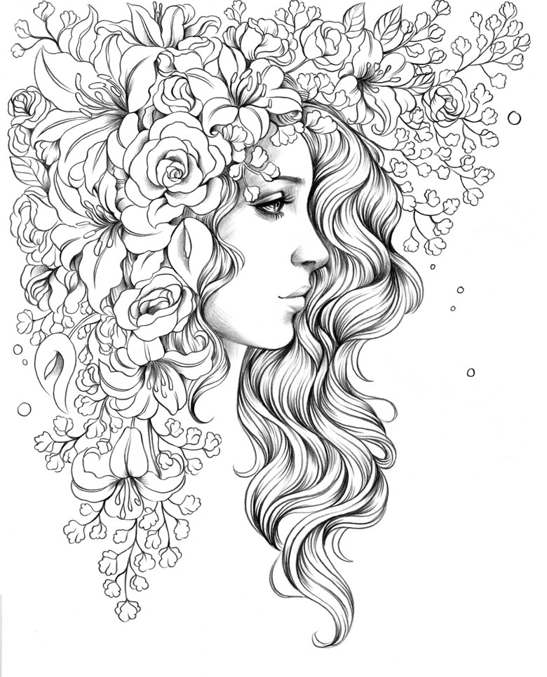 woman with flower crown free printable colouring in page