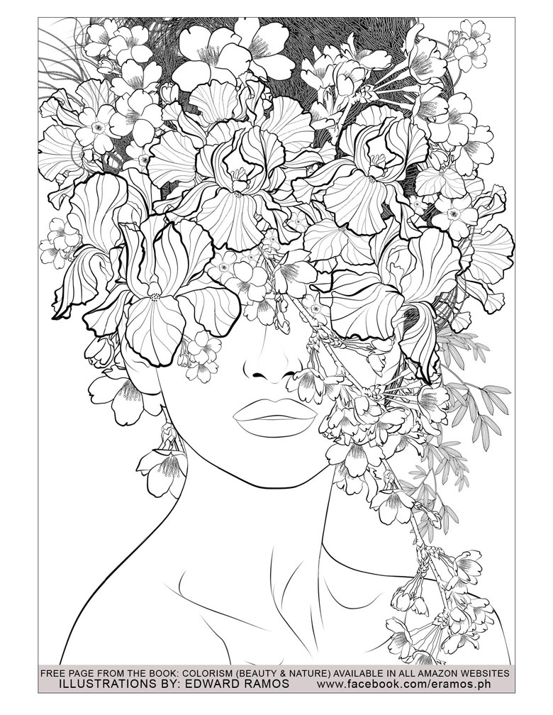 woman with flowers free colouring page