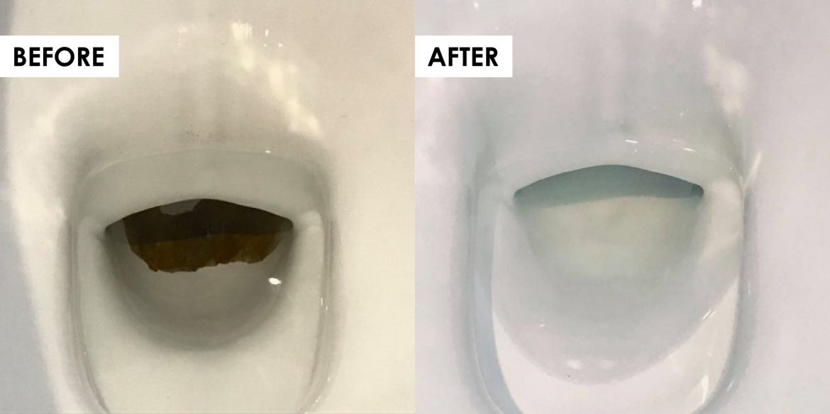 before & after of stain removal from toilet